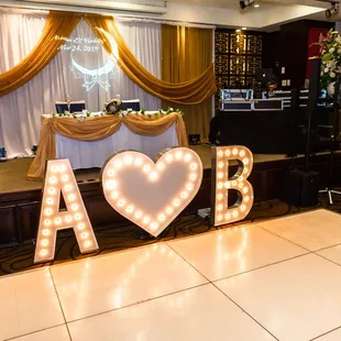 Backdrop, Table+Chair Covers: Elegance With Grace // Dance Floor: Main Party Rentals // AB Sign: Designed with Aloha // Venue: Jade Dynasty.