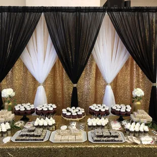 Draping behind the dessert table by us! Desserts by A Cake Life!