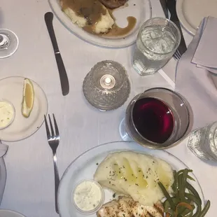 Fillet minion and sea bass. My mashed potatoes were on the buttery side but personally I like a more creamy potato.