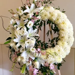 Funeral wreath. Pink orchids, white lilies, lisianthus, &amp; roses. With China mums! So pretty. $250