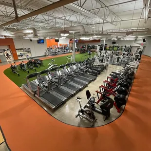 rows of treadmills in a gym