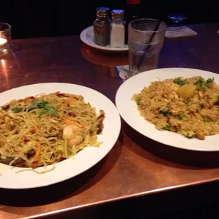 Fried rice and noodle dish.
