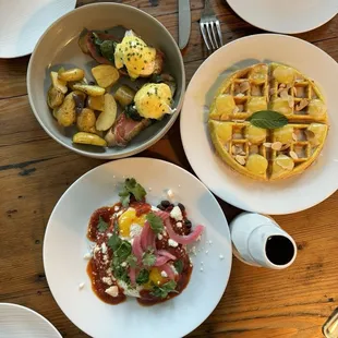 Eggs Benedict's, Huevos Rancheros, and Lemon Ricotta waffle