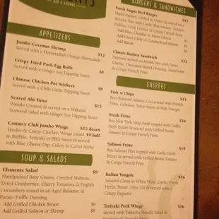 A fragment of the menu from the Bar and Grill.