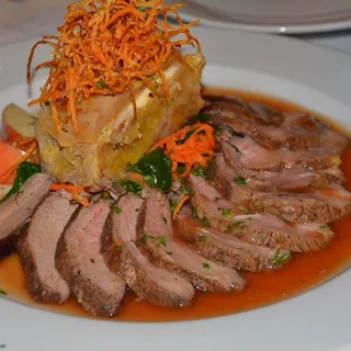 58. Tea-Smoked Duck with Lotus Roots, Taro Au Gratin