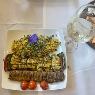 Chicken kabob plate with saffron rice