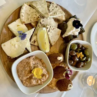 A delicious platter of Falafal, Babaganoush, Dolma, Feta and More!