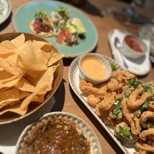 Fresh chips and salsa, calamari and tostadas