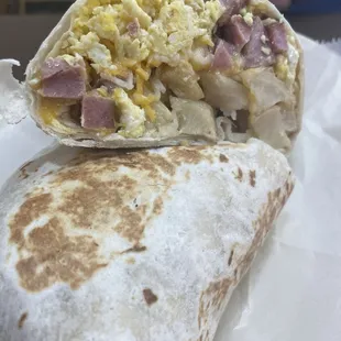 Breakfast burrito, no beans, add potatoes! Delicious!