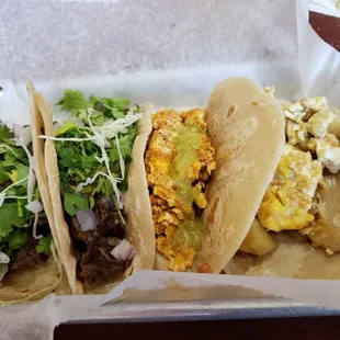 Lengua, chorizo and egg, potato and egg tacos!