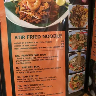 Stir fried noodle menu