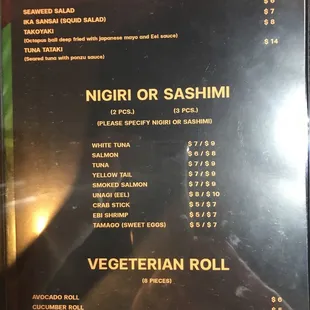 The sushi menu