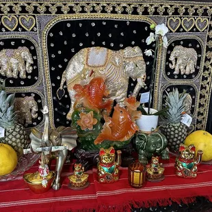 a display of fruit and decorations