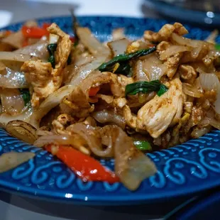 Pad Ki Mao with Chicken - well executed, with good flavor.  Reasonably hot when asked for 'spicy'.