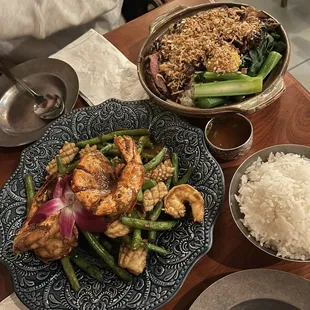 Sauted Mixed Seafoodwith Salty Duck Egg, Crying Tiger With Garlic Rice