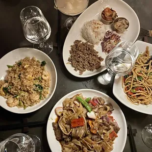 Shrimp Fried Rice (left), Drunken Noodles (bottom), Korean Beef Bulgogi (top), Vegan Garlic Noodles (right)