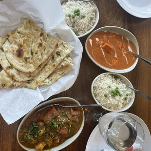 Butter Paneer, Mango chicken, Garlic naan