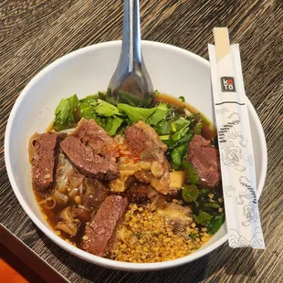 Spicy Beef Noodle Soup.
Beef rough flank and tendon were slow cooked for 5 hours. It ended up with tendor flesh and aromatic spices broth.