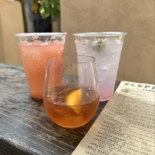 Trio of cocktails - Paloma (left), Oaxacan Old Fashioned (center), Pink Elephant (right)