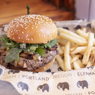 Angus beef, bacon-onion compote, mayonnaise, blue cheese, and arugula on our sesame seed bun