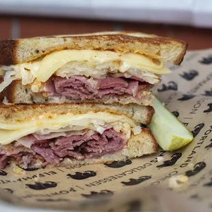 Grilled pastrami Reuben on homemade light rye bread--an Elephants classic!