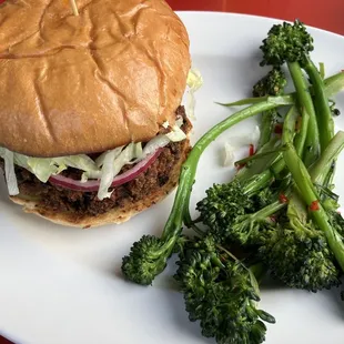 Black Bean Burger and broccolini side