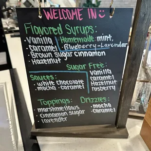Menu of syrups