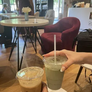 Iced Latte and Iced Matcha - bold and flavorful coffee and tea - cheers!