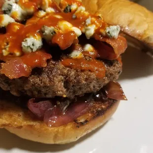 Spicy bleu onion burger- bacon, caramelized onions, bleu cheese, red chile sauce