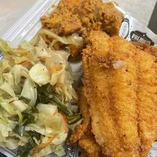 Southern Fried Catfish cabbage and sweet potatoes