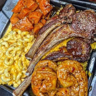 Sticky shrimp and lamb combo