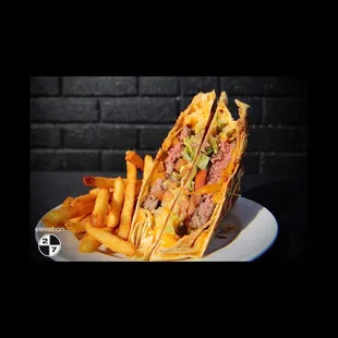 Quesadilla burger with fries