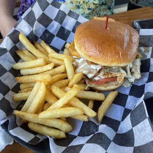 VooDoo chicken sandwich with fries