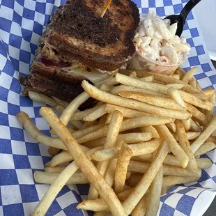 Patty melt comes with fries and macaroni salad.