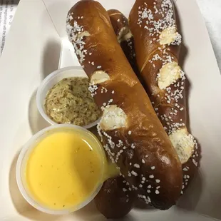 Pretty big pretzels and dipping sauces. $6