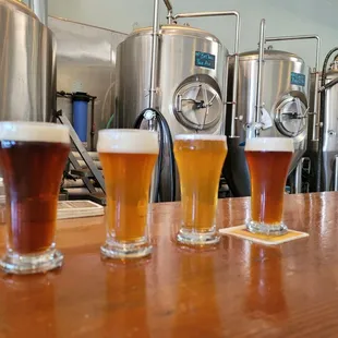 Fermenters right behind the bar with a flight of four on it.