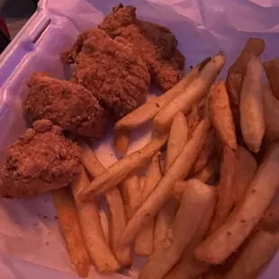 Salmon bites &amp; Fries (photo taken after half was eaten )