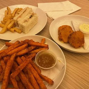 From top left: Ham tea sandwiches, Pimento cheese croquettes, &amp; sweet potato fries w the most divine maple dipping sauce