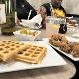 Chicken and waffles  Fried potatoes  Watermelon strawberry lemonade