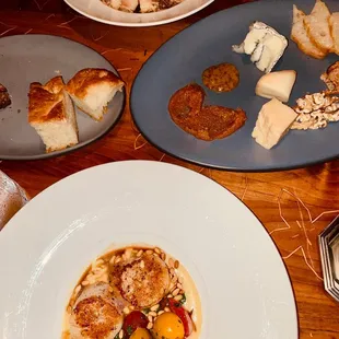 plates of food on a wooden table