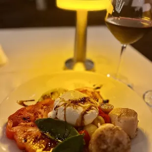 Burrata Caprese with two added scallops
