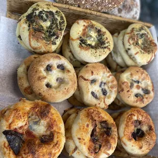 Rounded Mini Focaccia (kalamata olive w/ cheese, eggplant w/ cheese, pesto w/ goat cheese)