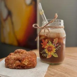 Apple Cinnabon scone and an iced coffee, the perfect fall treat!