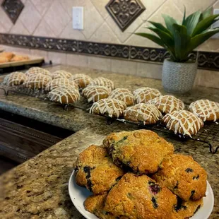 Freshly baked Blueberry Scones in the front and Vanilla Espresso Scones in the back.