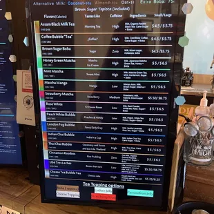 Bubble tea menu