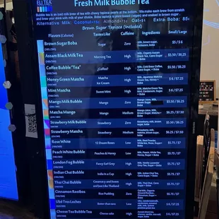 Bubble tea menu