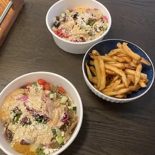 Spicy greek bowls, side of fries