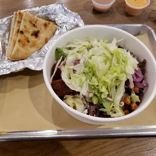Bowl with beef/lamb, falafel, and lots of other delicious stuff!