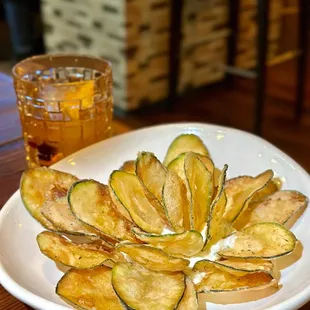 Kolokythakia(pan fried zucchini chips homemade tzatziki)-have one chip, you can't stop.