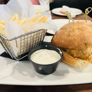Chicken meatball sandwich, fries, and house ranch